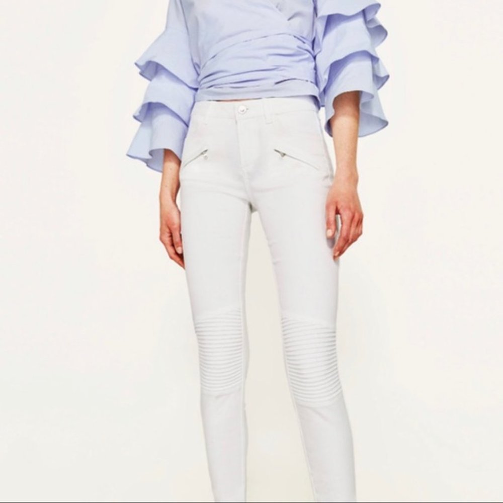 Zara Basic White Moto Skinny Jeans